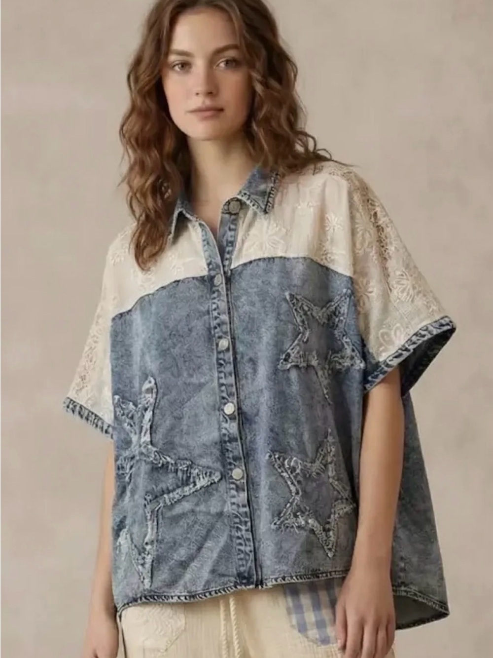 Denim Star Patchwork top short sleeve Appliqué Button-Up Shirt Cream Lace Yoke